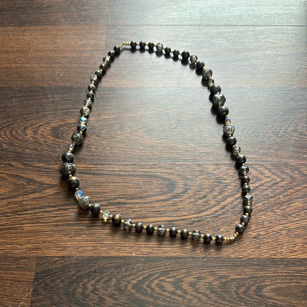 Vintage Graduated Bead Necklace Black Gold Clear